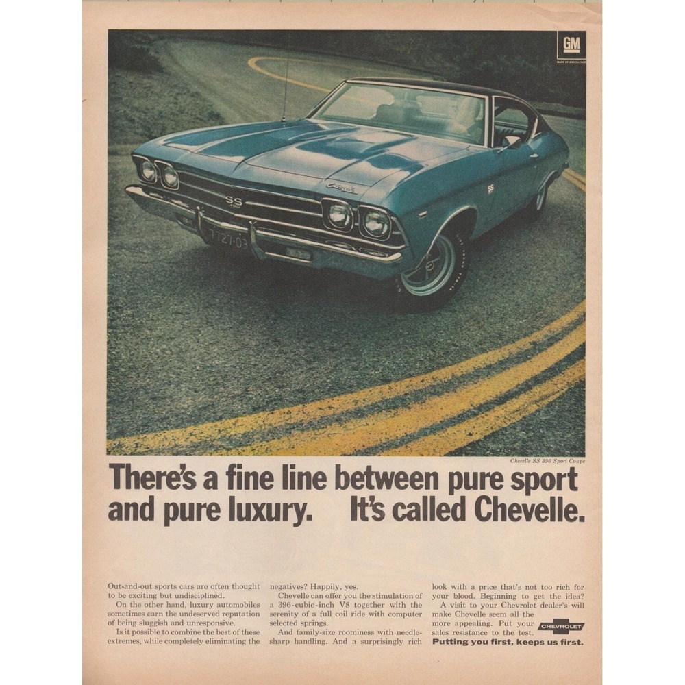 Vintage 1969 Chevrolet Chevelle SS 396 Muscle Car Garage Decor Man Cave Print Ad - Picture 2 of 4